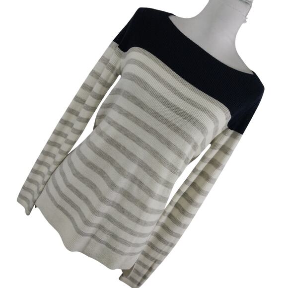 ANN TAYLOR LOFT! RICH BLACK, GRAY & WHITE STRIPED TUNIC STYLE SWEATER! SZ S - Picture 1 of 8